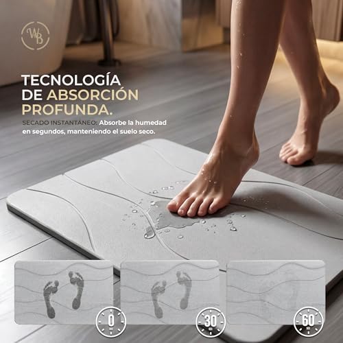Detalle de WB® Alfombra Diatomita Baño Fast Dry 60x40 Gris – Secado Rápido, Antideslizante y Antibacteriana