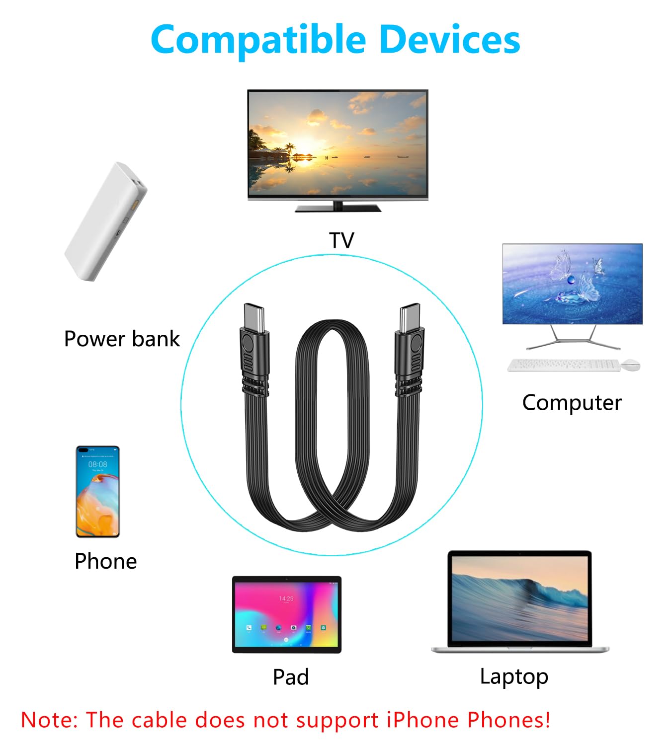 Thumbnail 6 de LANMINGLEL Short 90 Degree USB Type-C 2.0 Flat Cable (50cm) – PD 65W, Fast Charge & Data Sync