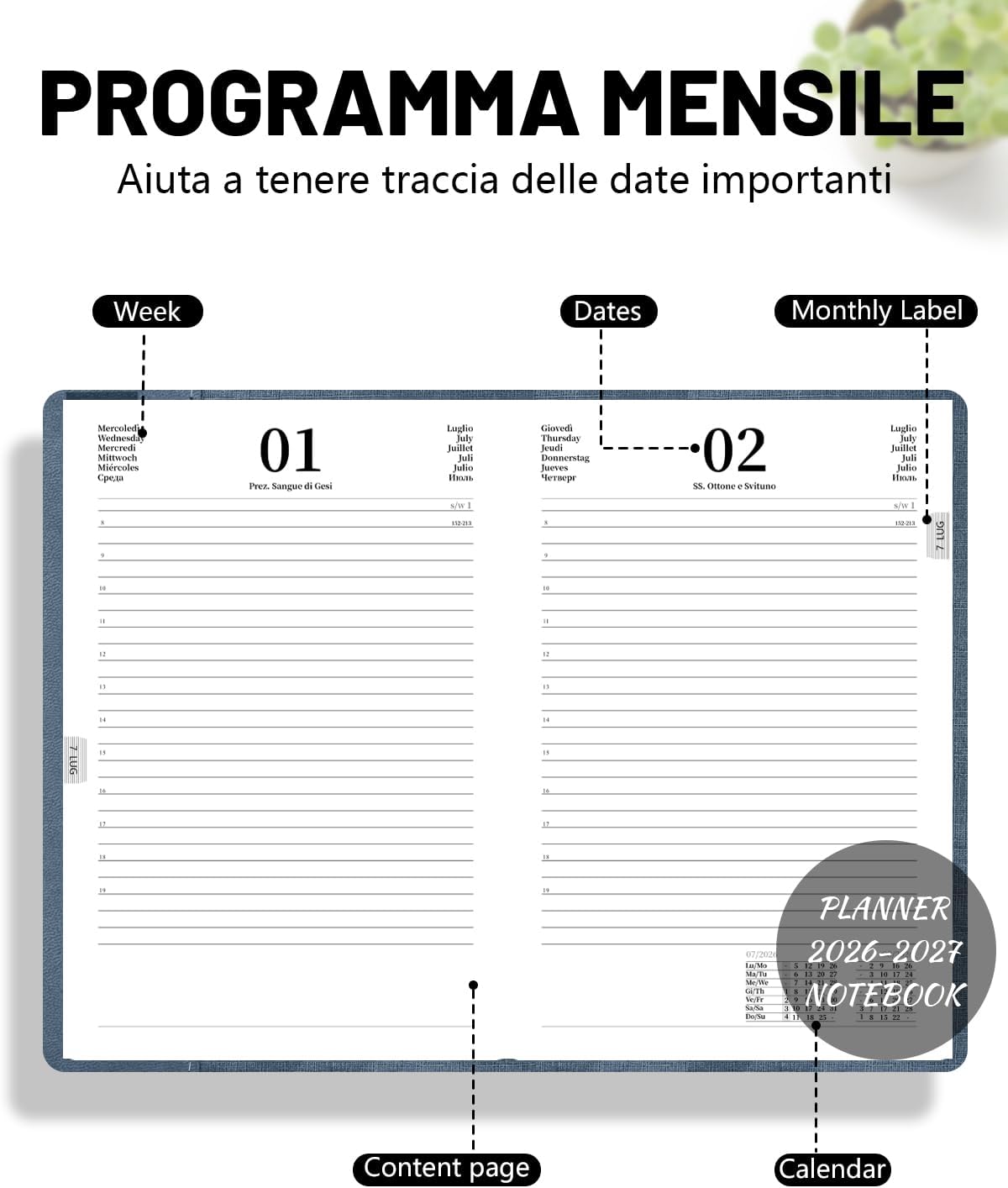 Detalle de HW CASA Agenda Giornaliera 2026/2027 A5: diario multilingue con etichette mensili 3D