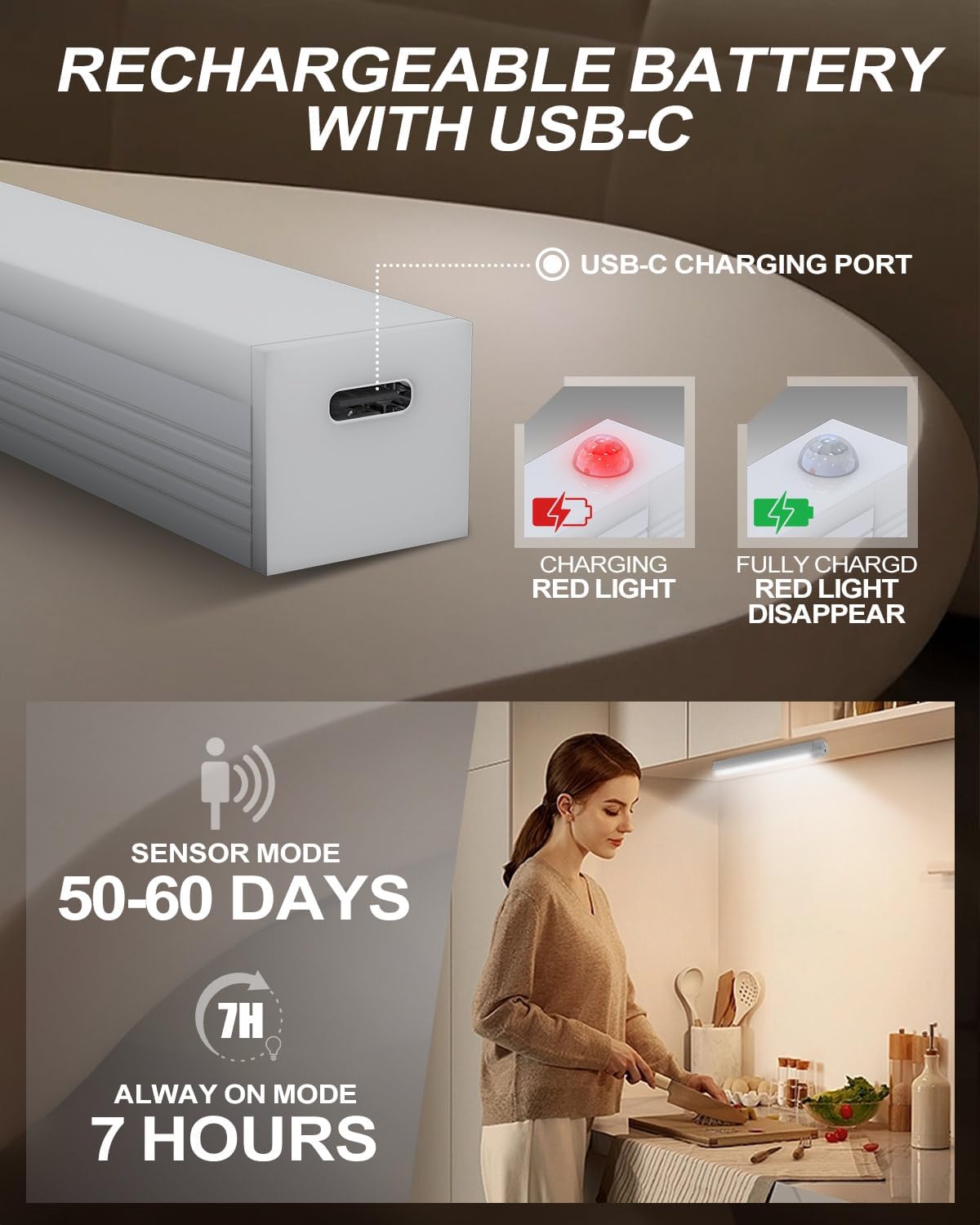 Detalle de KALAHOL Under Cabinet Kitchen Lights 4 Pack — USB-C, Motion Sensor, 4 Modes, Stepless Dimming