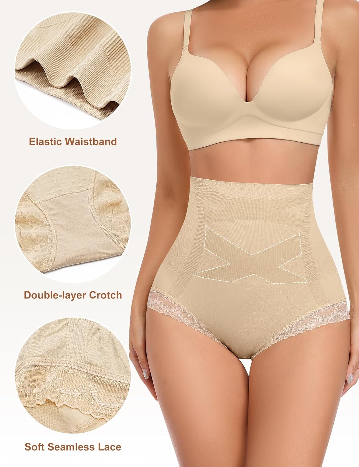Detalle de Culotte gainante Wiepux ventre plat à dentelle, sans couture (seconde peau) – noir, nude, café