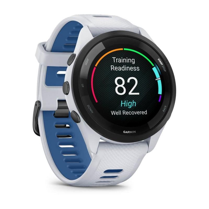 Thumbnail 1 de Garmin Forerunner 265 46mm con bisel negro, carcasa blanca y correa blanca/azul
