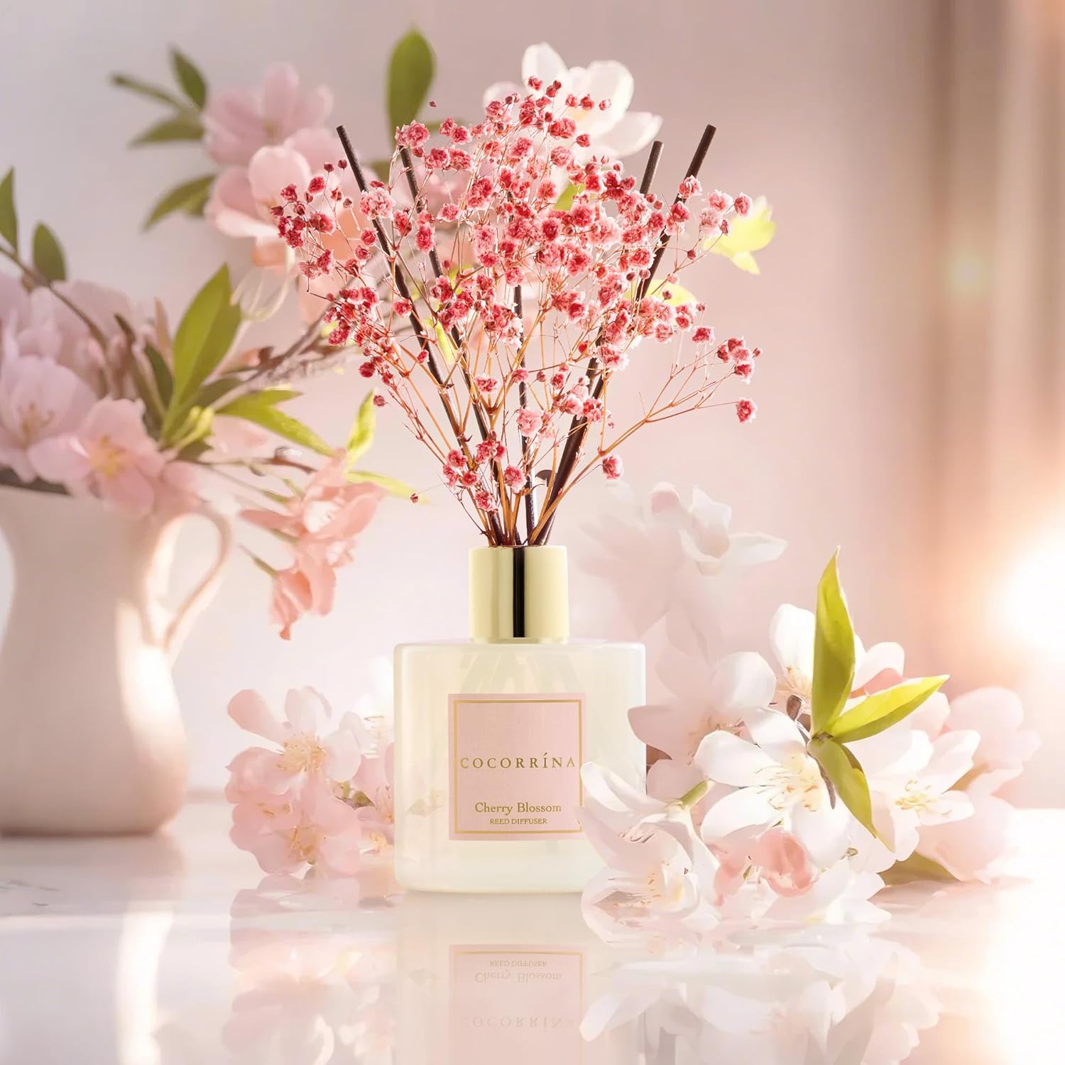 Detalle 2 de COCORRÍNA Cherry Blossom Reed Diffuser – 6.7 Fl oz Set with Sticks & Preserved Baby's Breath