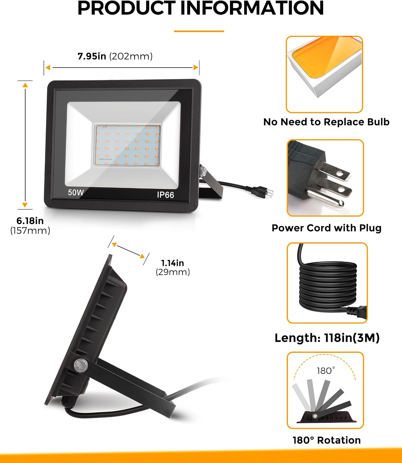 Thumbnail 6 de L LOHAS LED A-GK-FL002ORUS-2 Orange Outdoor Floodlights, 2-Pack, IP66