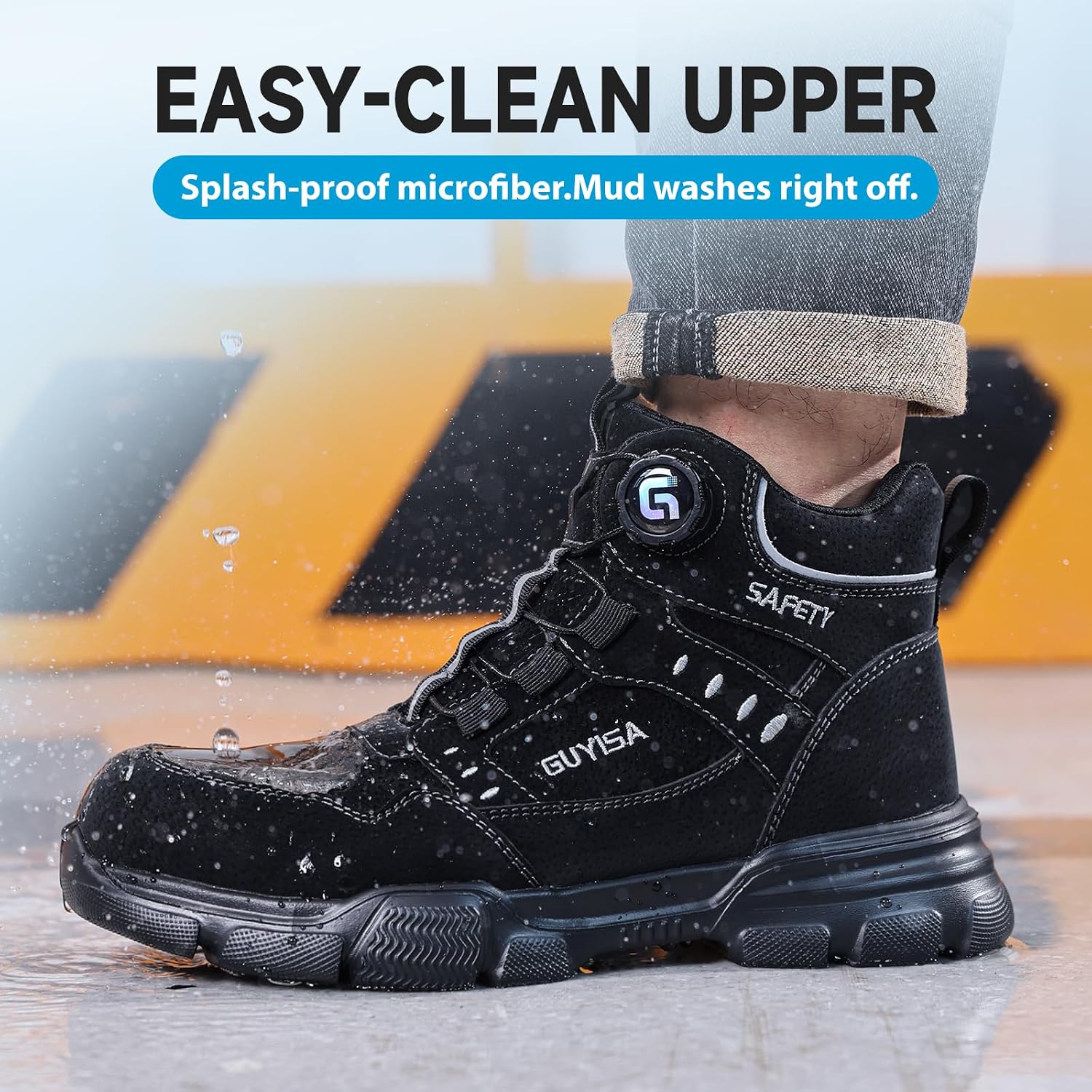 Detalle de GUSAYEX men’s lightweight steel toe cap safety boots with puncture-resistant midsole and quick swivel buckle lacing