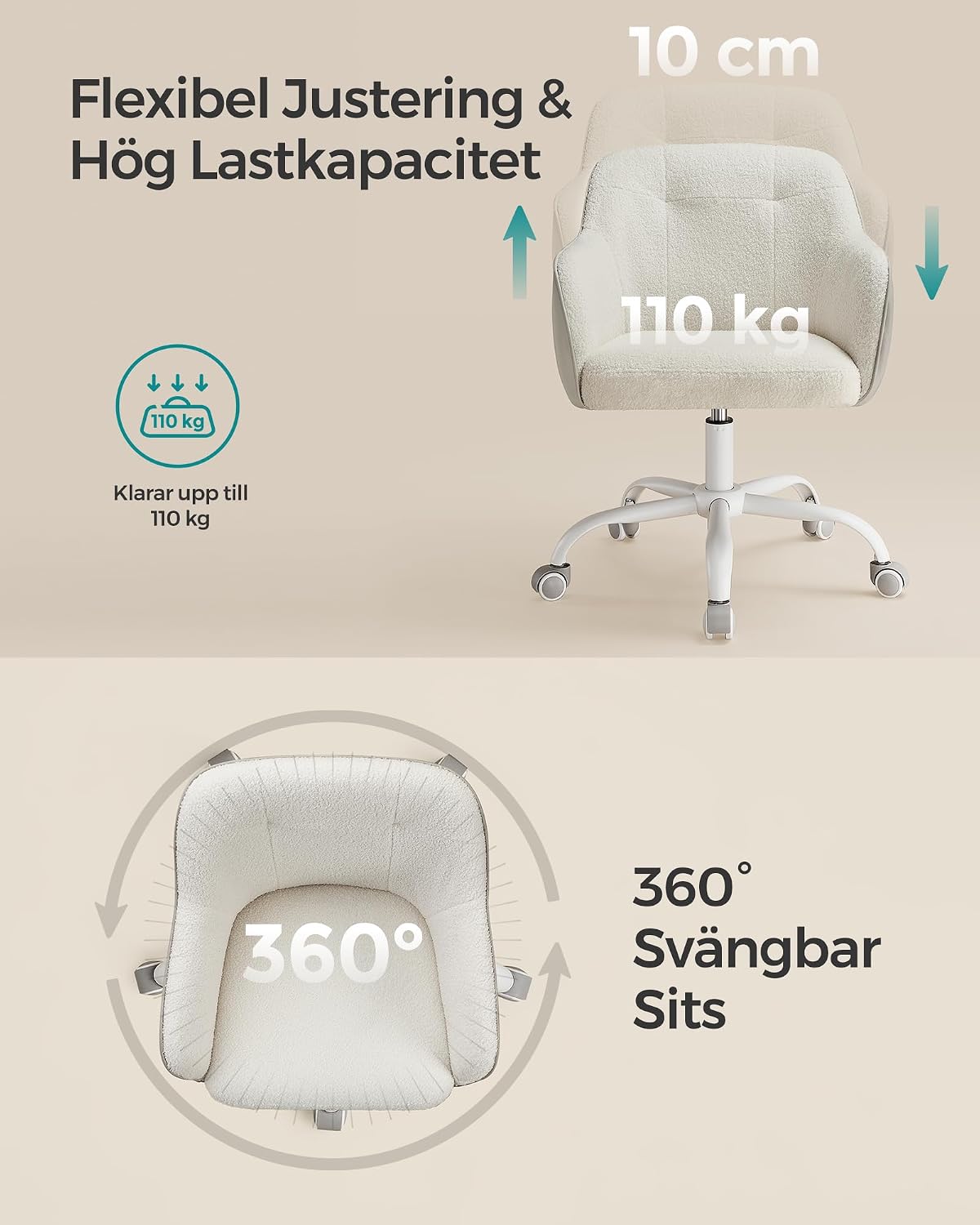 Detalle 2 de SONGMICS TYRA OBG019W01 kontorsstol med justerbar höjd, armstöd och teddyfleece
