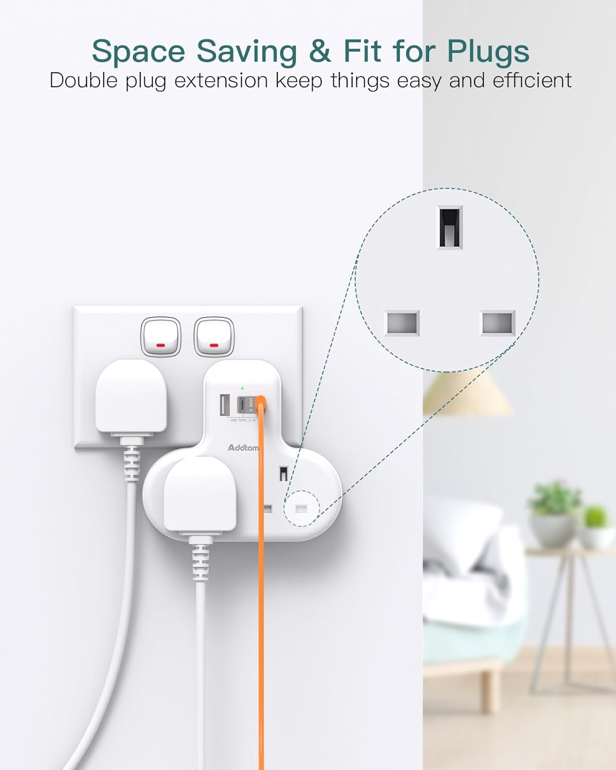 Thumbnail 5 de Addtam Double Plug Extension 13A with USB ports 🔌