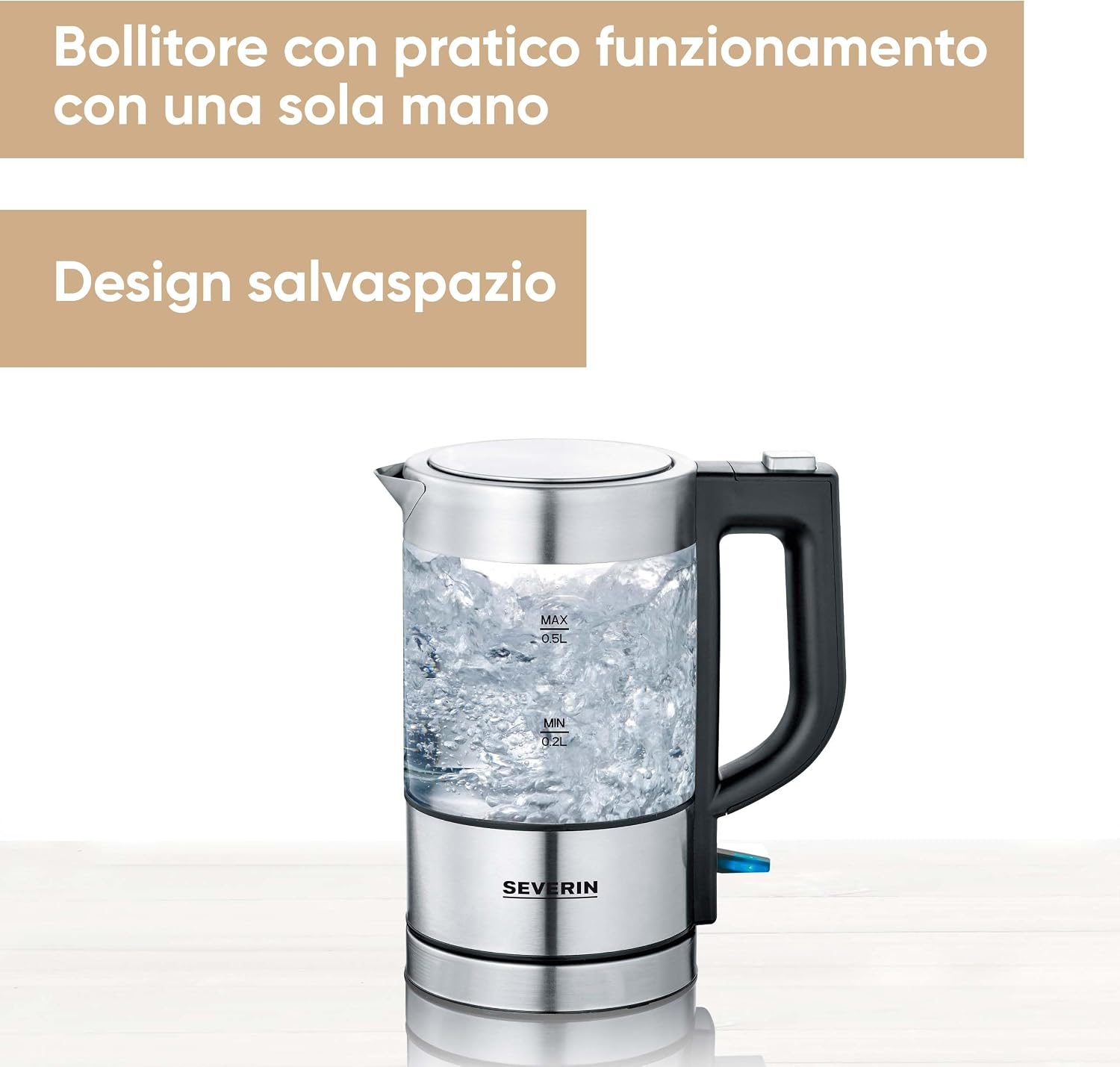 Detalle de SEVERIN Mini Bollitore in Vetro WK 3472 – 0,5 L, 1100W, vetro e acciaio, filtro anticalcare removibile