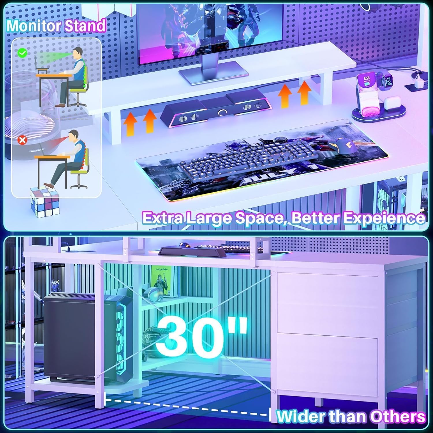 Detalle de iSunirm Scrivania portaoggetti reversibile con luci LED e prese di corrente, bianco (150 x 87 x 150 cm)