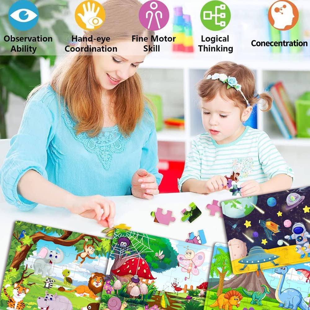Detalle 2 de Wooden Jigsaw Puzzles for Kids (3–6) Space Dinosaur Animals – 4 x 30-Piece Set