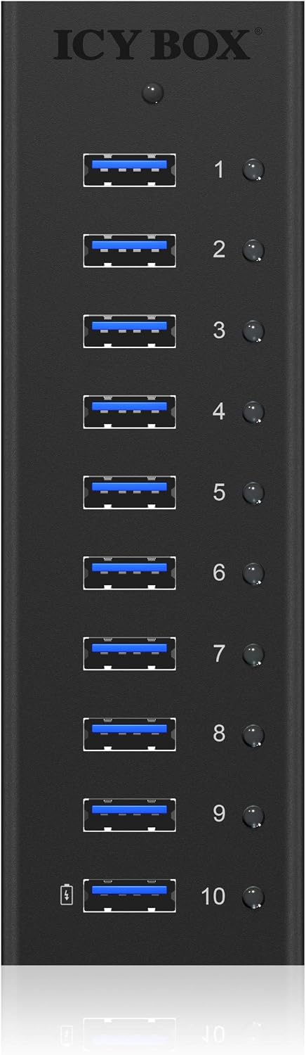 Detalle de ICY BOX IB-AC6110 10-fach USB-3.0-Hub mit Netzteil (12V/4A) und Ladeport, Voll-Aluminium in Schwarz