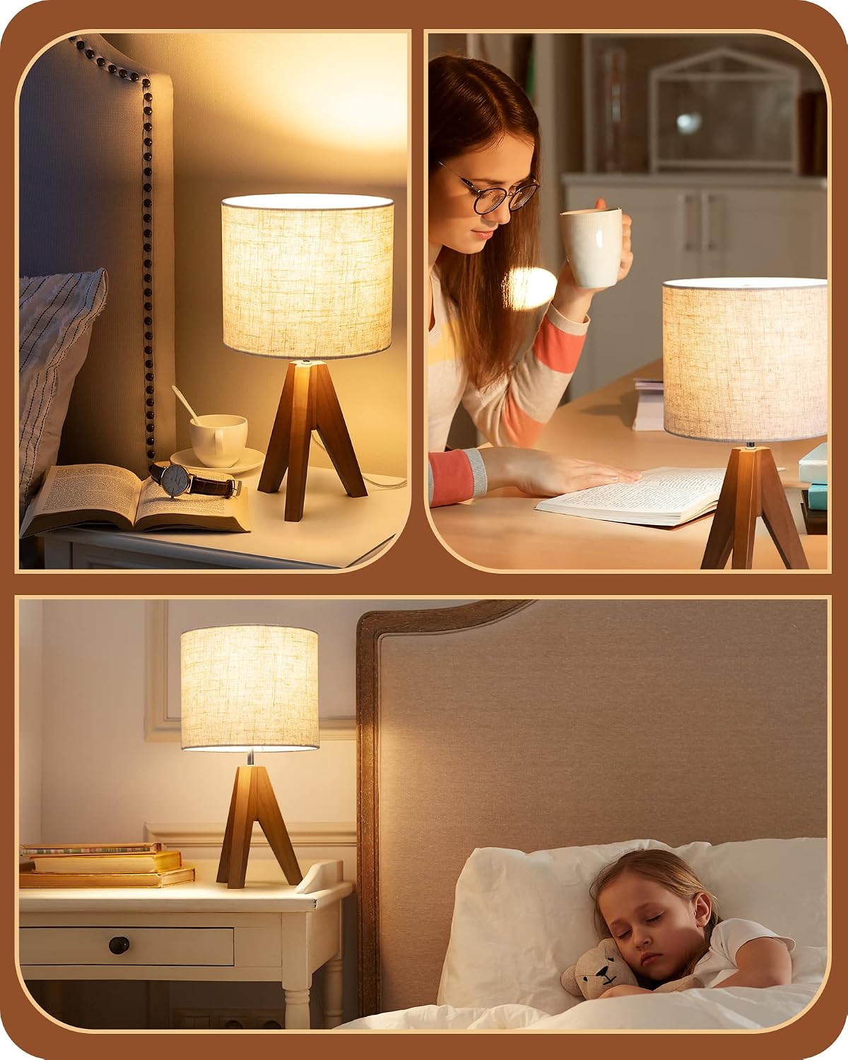 Detalle 2 de EDISHINE HLTL25Q Table Lamps, 2-Pack Wooden Tripod with Beige Linen Shades