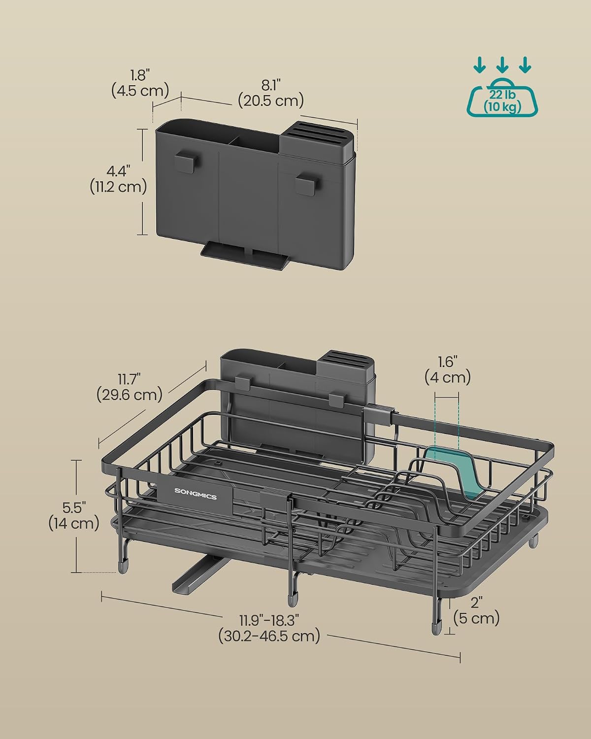 Detalle de SONGMICS UKCS556GT01 PATALLA Expandable Dish Drying Rack with Drainboard