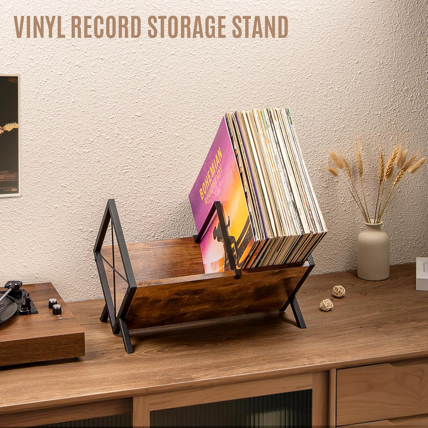 Detalle 2 de PUERSI Vinyl Record Storage Rack (Brown) – 80 LP Record Holder with Adjustable Divider