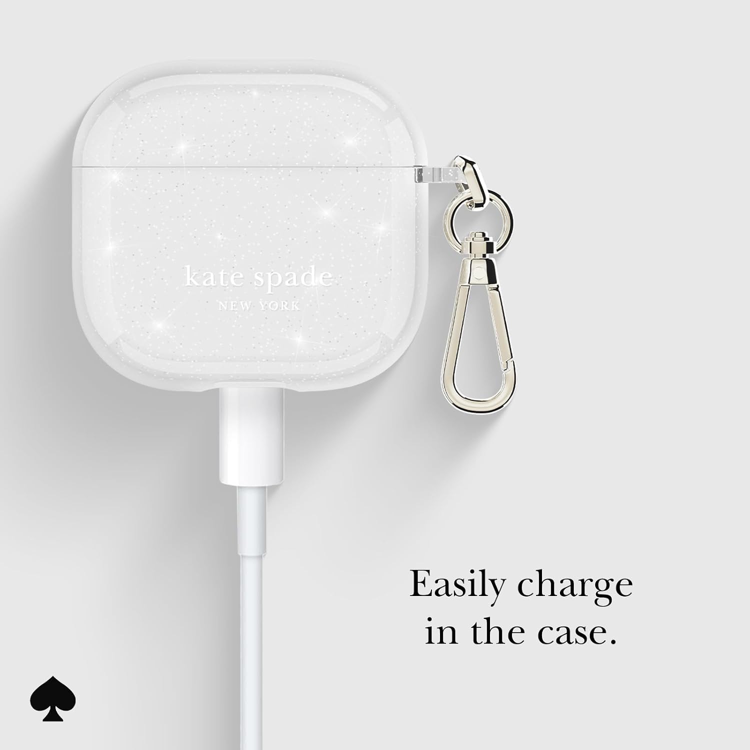 Detalle de ケイト・スペード ニューヨーク KS056508 AirPods 4ケース That Sparkle Silver、TPU製・ワイヤレス充電対応・キーリング付き