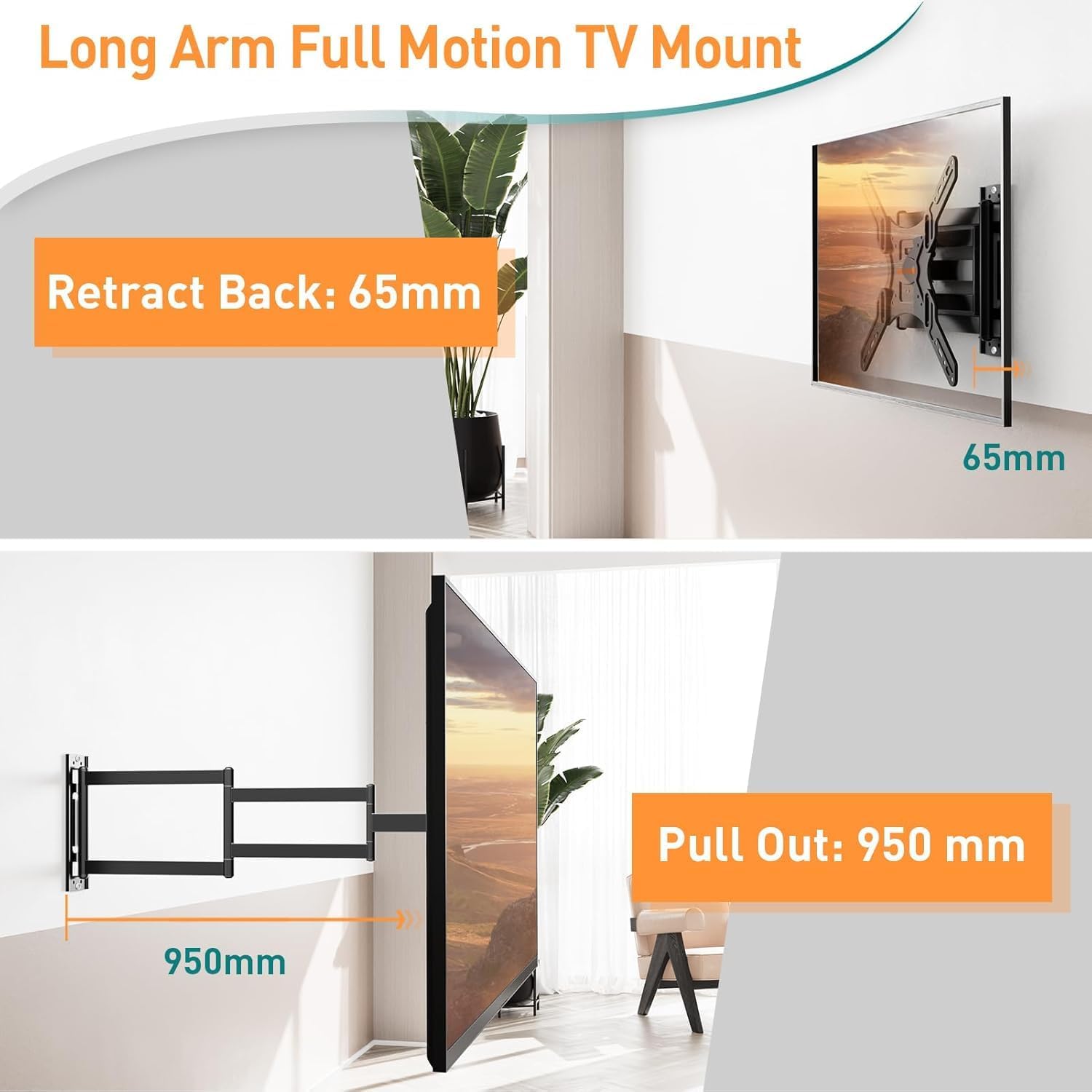 Thumbnail 1 de ELIVED EV3018 supporto TV a parete angolare con braccio lungo estensibile fino a 950 mm, VESA 400x400 mm e inclinazione regolabile