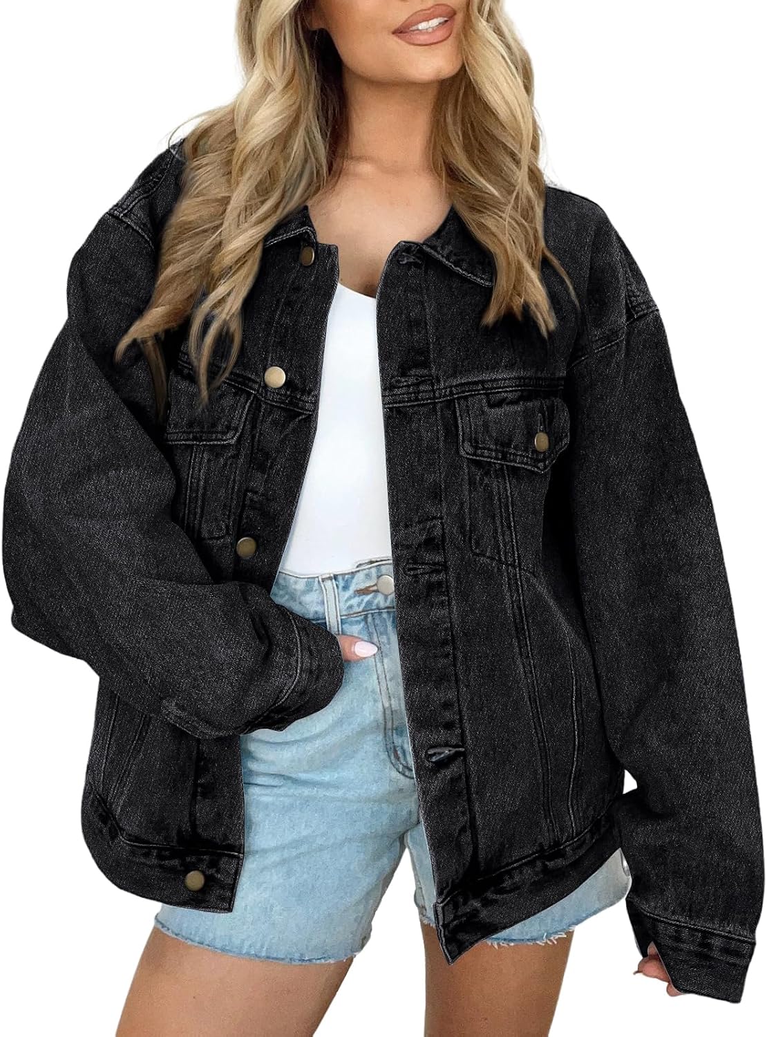 Thumbnail 6 de AUTOMET Women's Button Down Oversized Jeans Jacket with Pockets — Classic Denim, Loose Boyfriend Fit