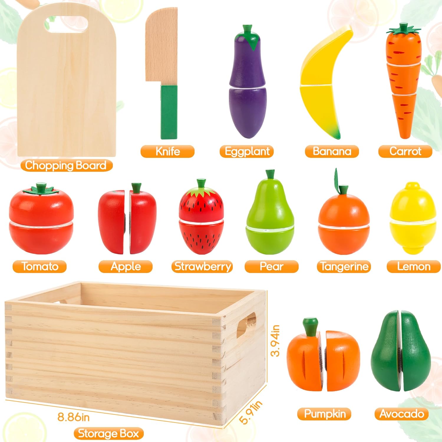 Detalle de Wooden Play Food Cutting Set Ages 3+ ๐
