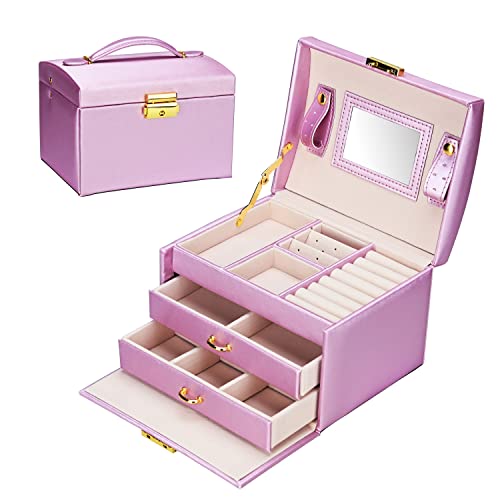 Detalle de Podazz Caja Joyero de 3 Niveles con Espejo y Cerradura – Morado
