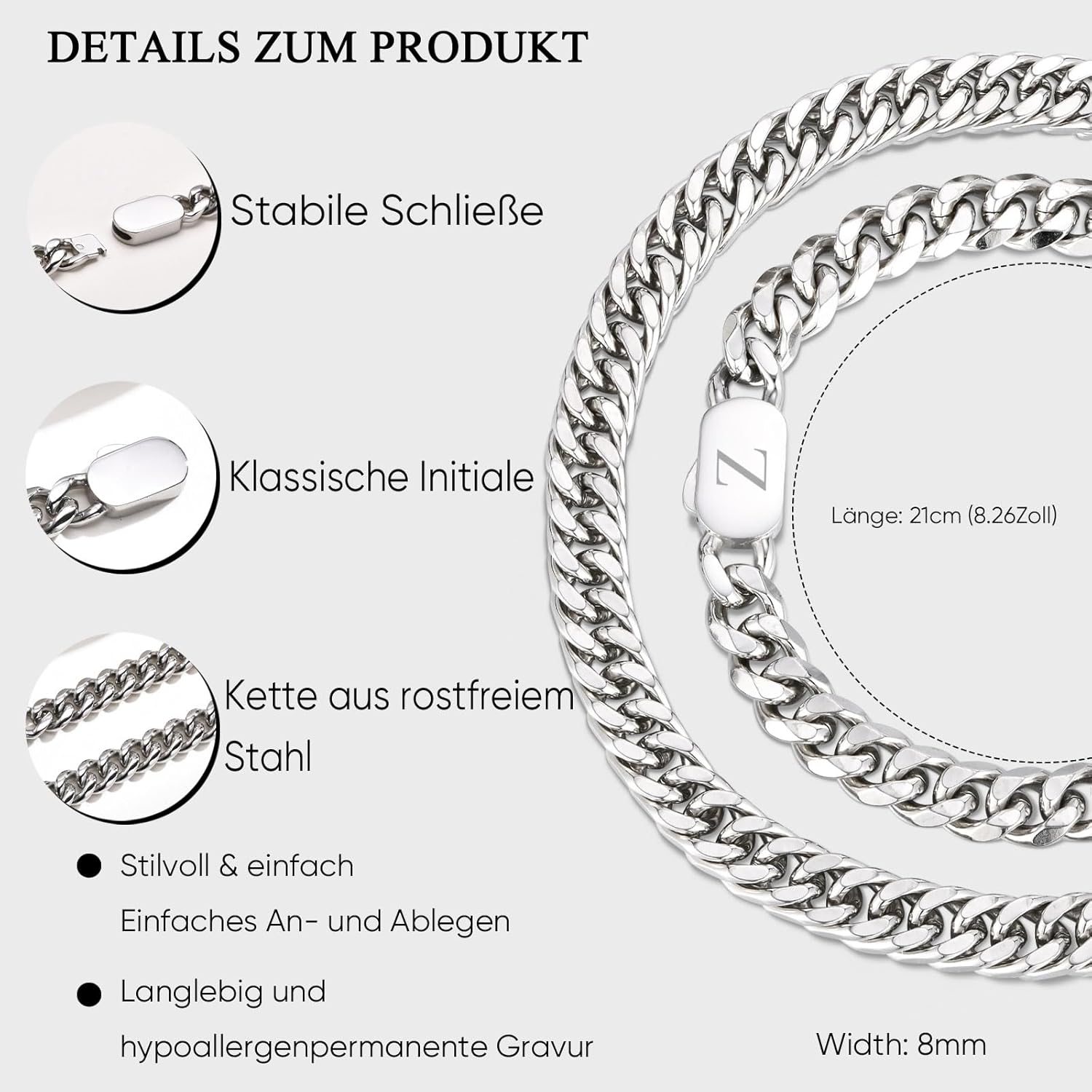 Thumbnail 2 de XUANPAI Initiale Armbänder für Männer (A–Z) – Silbernes Cuban-Link Edelstahlarmband mit Gravur, 21 cm