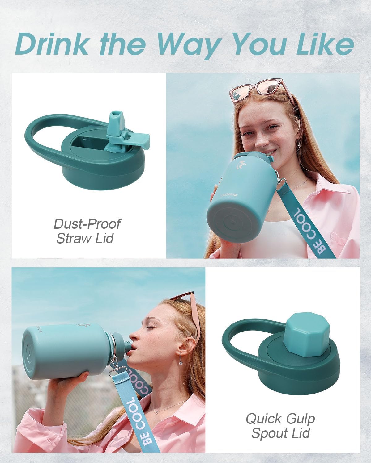 Detalle de Coolflask Water Bottle with Cool Strap, 64 oz Insulated Stainless Steel Jug