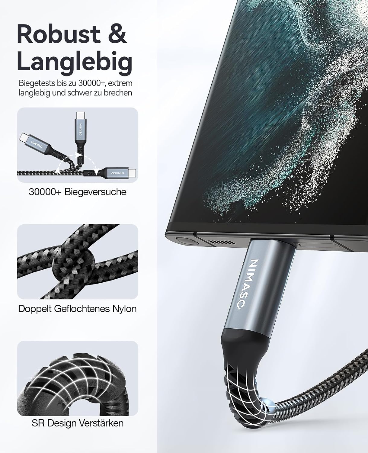 Detalle de Nimaso USB C auf USB C Kabel 1M Packung (3 Stück) – PD 60W Schnellladen & Datenübertragung