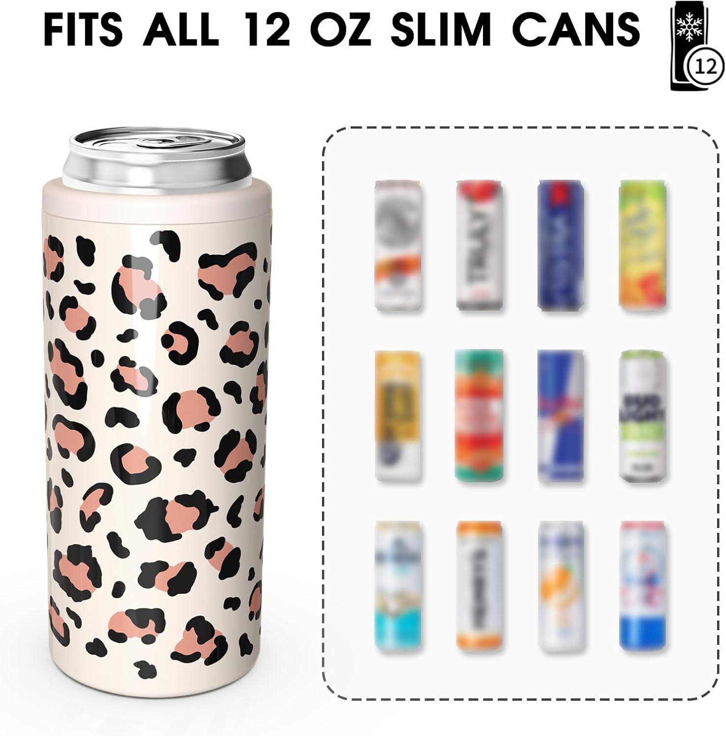 Thumbnail 2 de TILUCK Skinny Can Cooler: Stainless Steel Insulated Slim Cans (12 oz) with Leopard Print