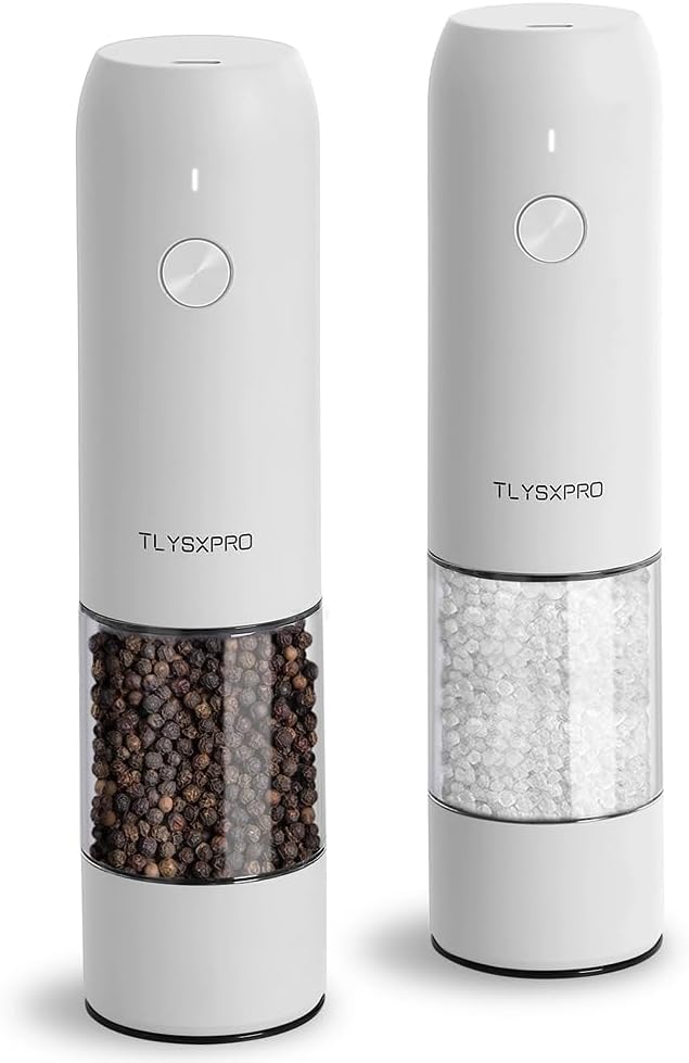Detalle de TLYSXPRO elektrische Salz- und Pfeffermühle im 2er-Set (USB wiederaufladbar, einstellbare Grobheit) – weiß