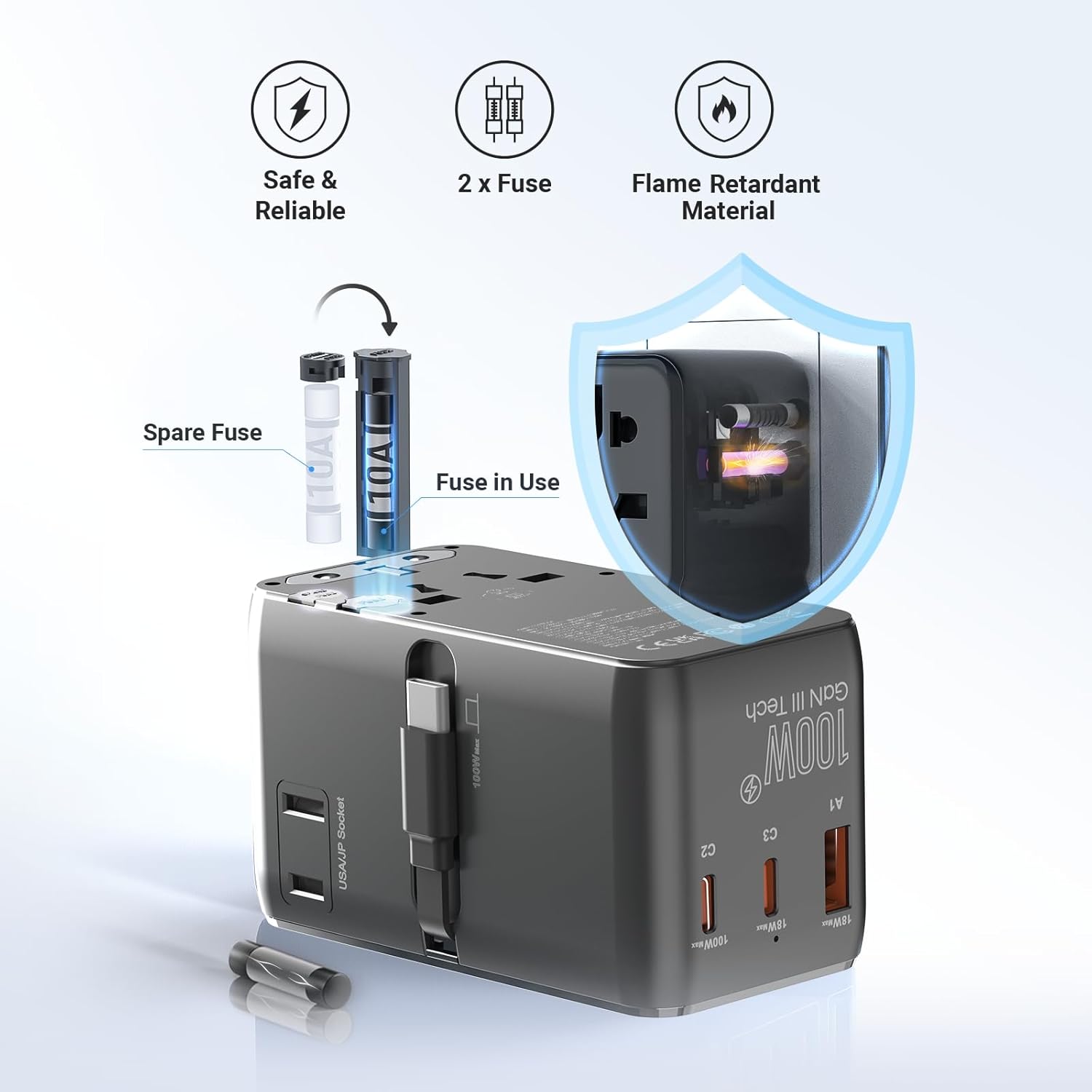Thumbnail 3 de MINIX Universal-Reiseadapter 100 W mit ausziehbarem USB-C-Kabel – GaN III, 4 Anschlüsse