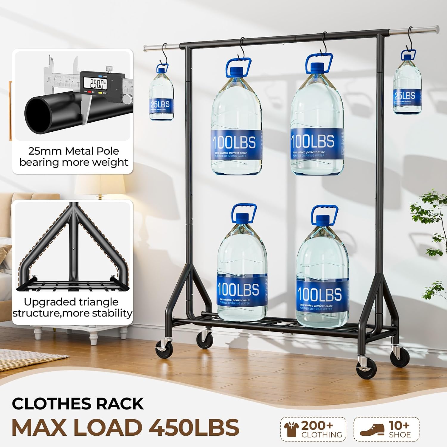 Detalle 2 de HYSEYY YS-K 1302B Heavy-Duty Rolling Clothes Rack with Extendable Rail