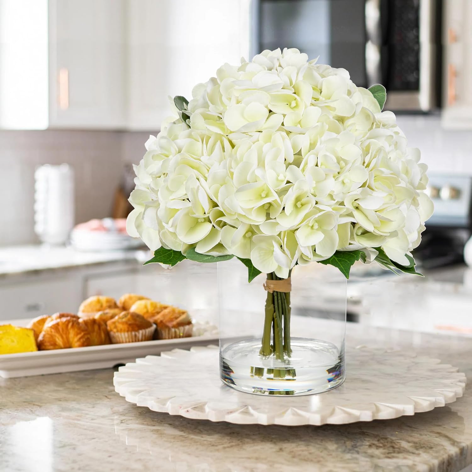 Thumbnail 2 de Oairse Kunstblumen mit 5 Hortensien in Glasvase – Real Touch Blüten für Hochzeit, Zuhause & Hotel