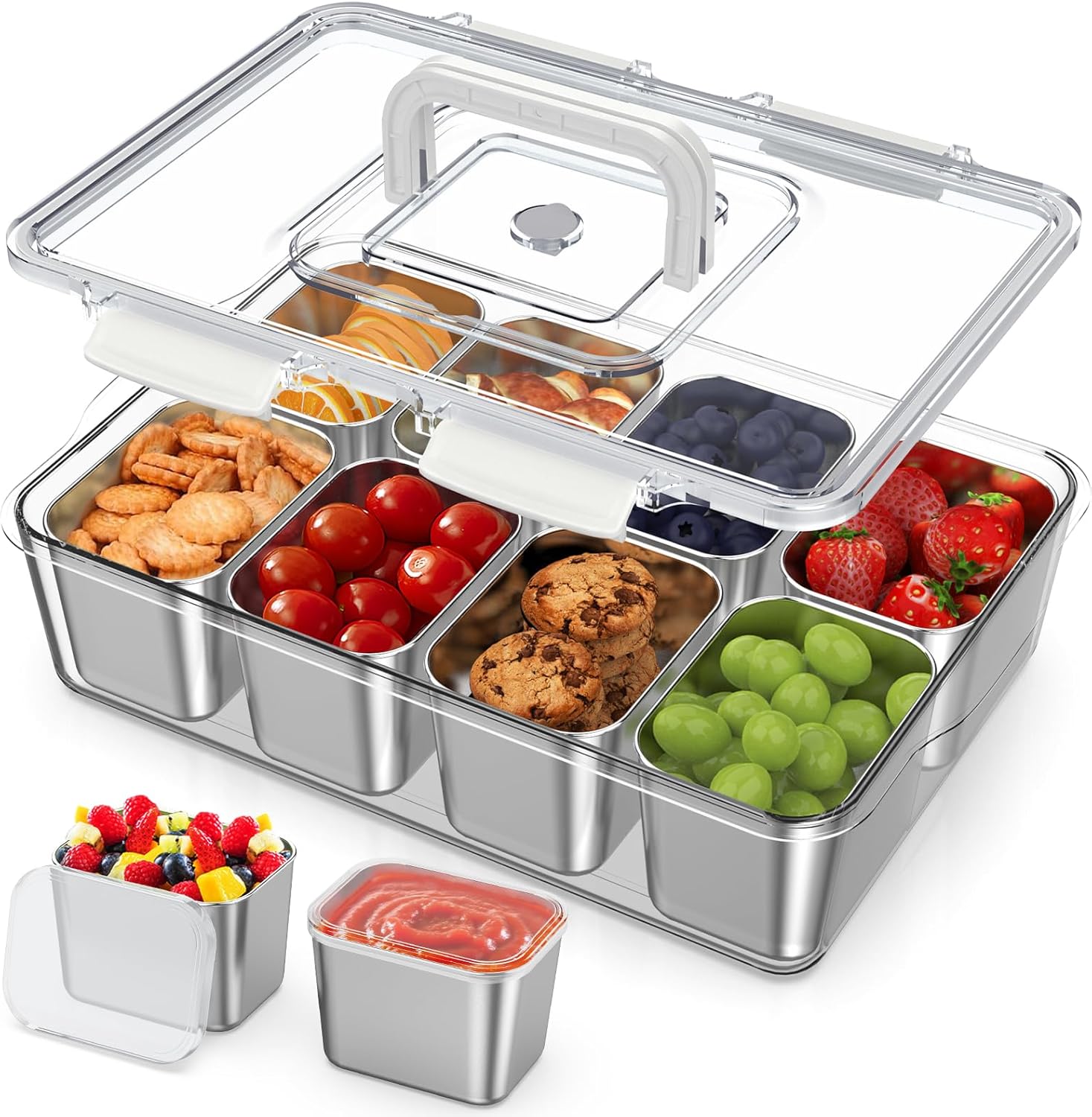 Detalle de JINDUN Snackbox mit 8 Edelstahl Fächern – hygienische Aufbewahrung mit 8 Deckeln