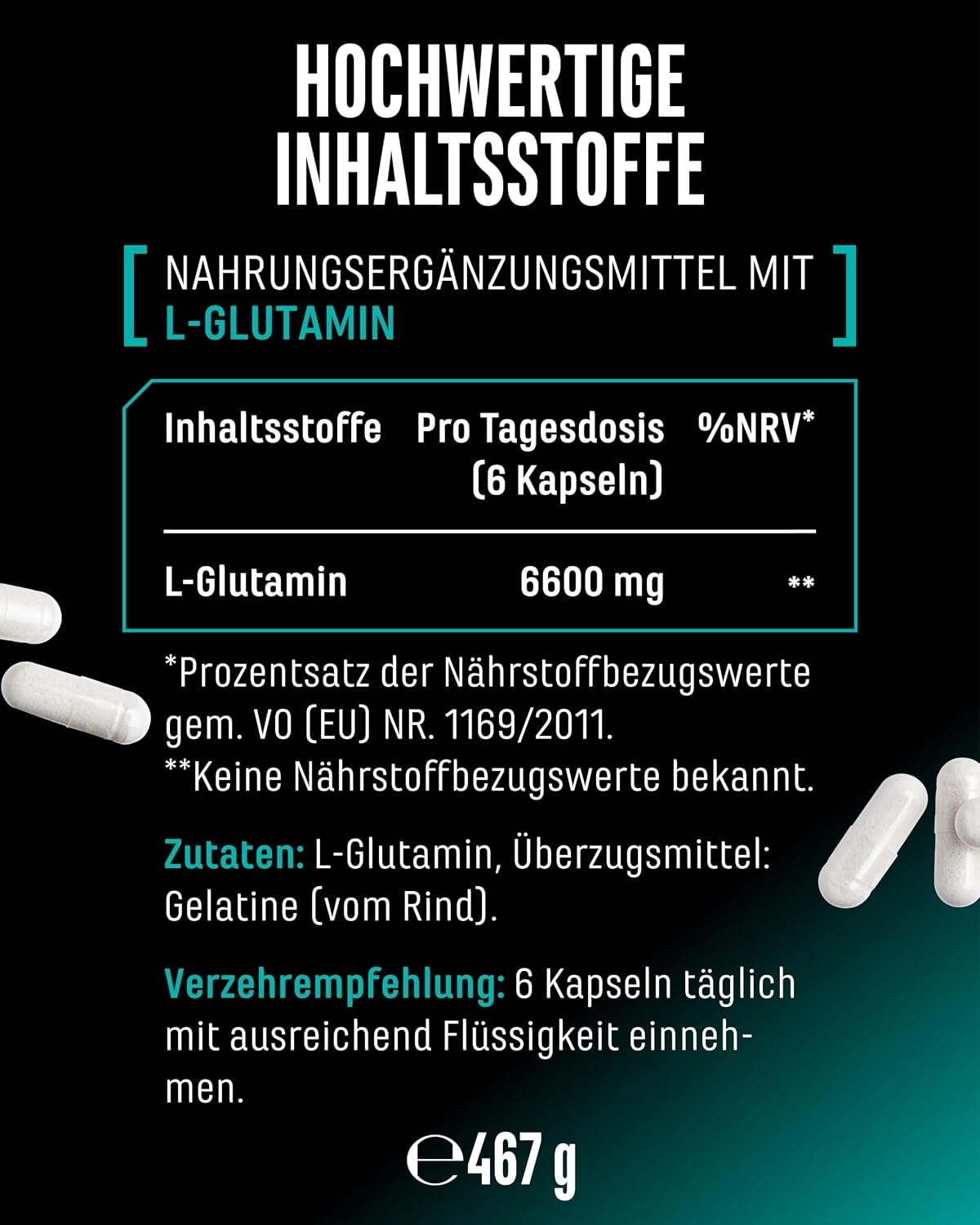 Detalle de L-Glutamin Ultra Caps – 365 Kapseln, 1100 mg pro Kapsel