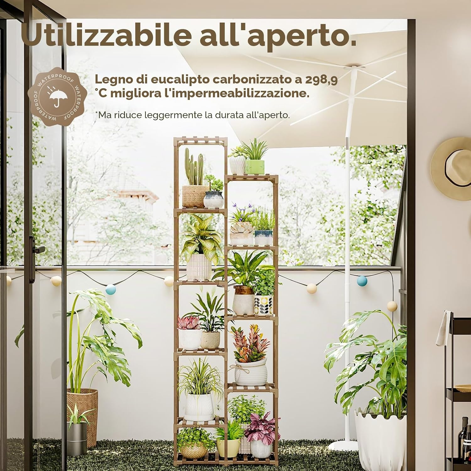 Detalle de Bamworld Porta Piante da Esterno Scaffale Alto 182,4 cm – Vaso e Arredo Giardino in Legno Carbonizzato
