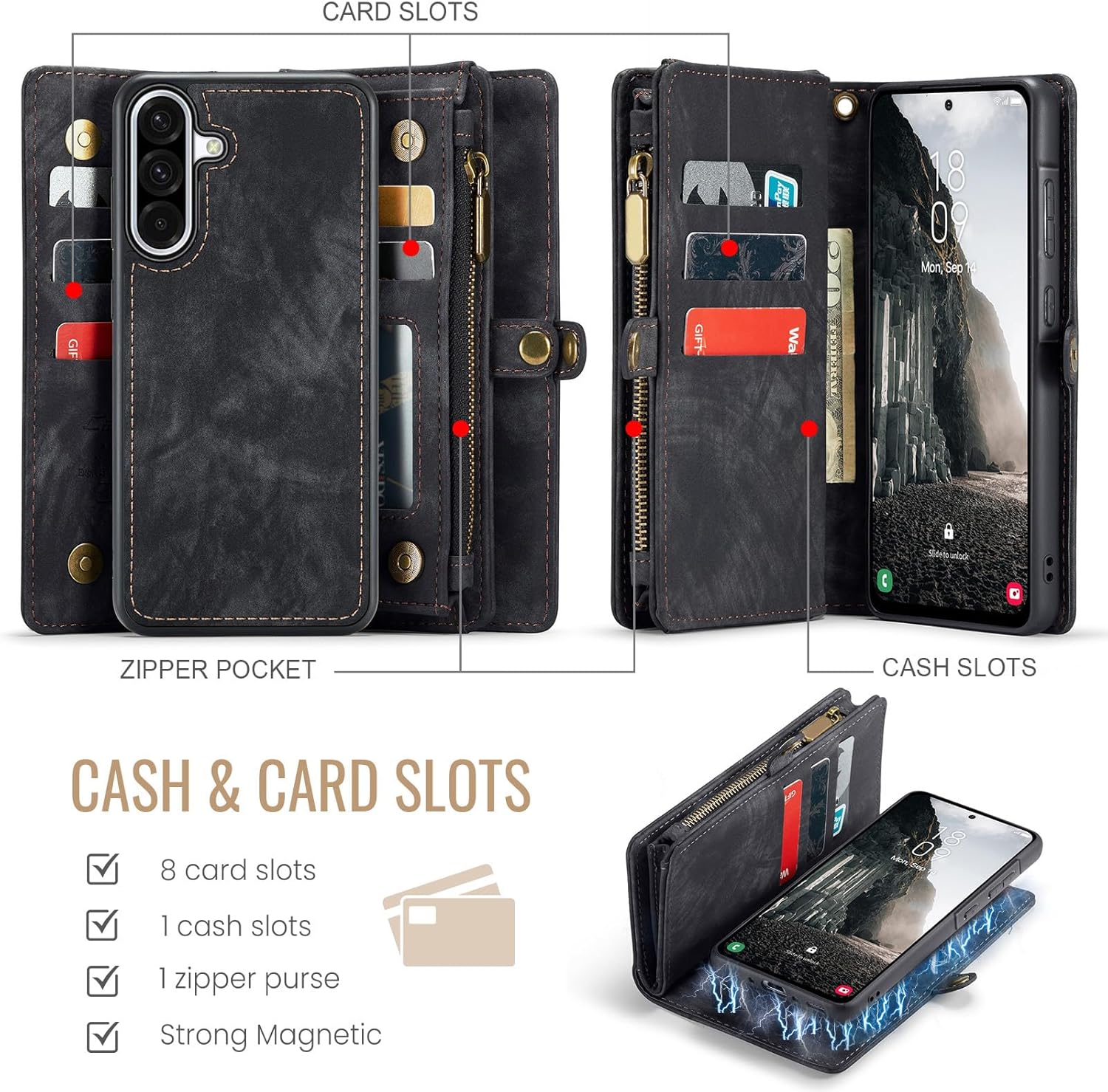 Thumbnail 1 de Asuwish Wallet Case with Magnetic Detachable Cover for Samsung Galaxy A56 5G — Black