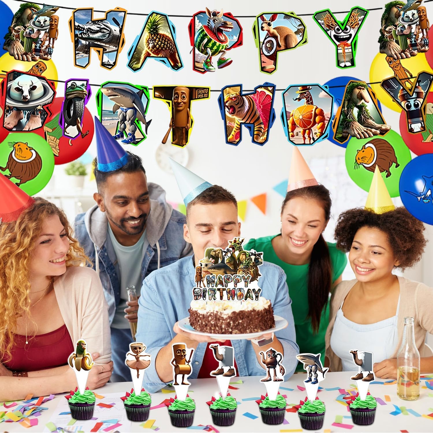 Detalle 2 de Brainrot Geburtstag Deko Set – 30 Stück inklusive Banner und Cupcake-Dekorationen