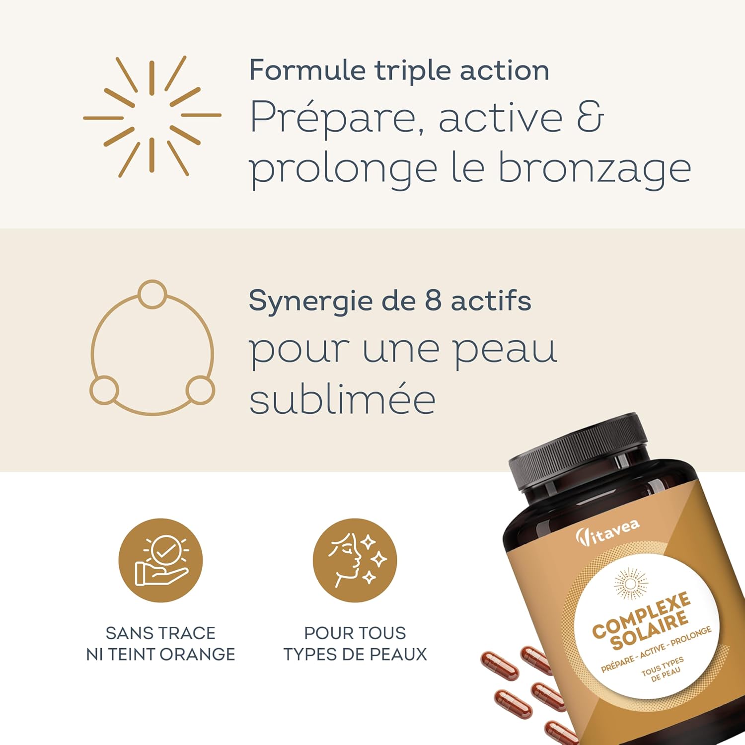 Detalle de Vitavea Préparateur Solaire & Accélérateur de Bronzage – Hâle naturel et uniforme (60 gélules)
