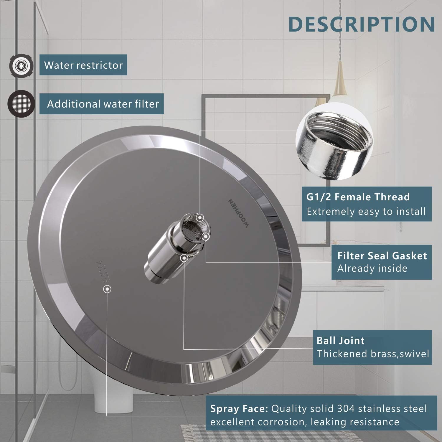 Detalle de WOOPHEN 8-Inch High Pressure Rain Shower Head with 304 Stainless Steel and Chrome Finish