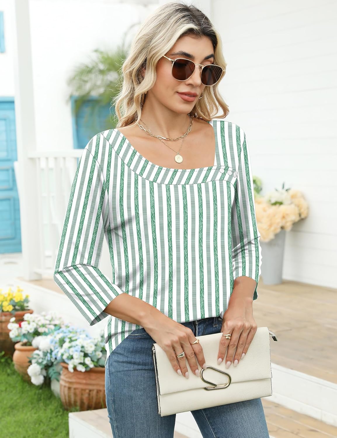 Detalle de Kistore Bluse Damen 3/4 Arm Asymmetrischer Ausschnitt – Tunika & Top in 3 Designs
