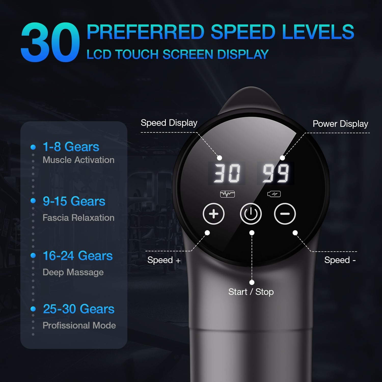 Detalle de Olsky Deep Tissue Massage Gun with 9 Heads, 30 Speeds, and 10 Accessories