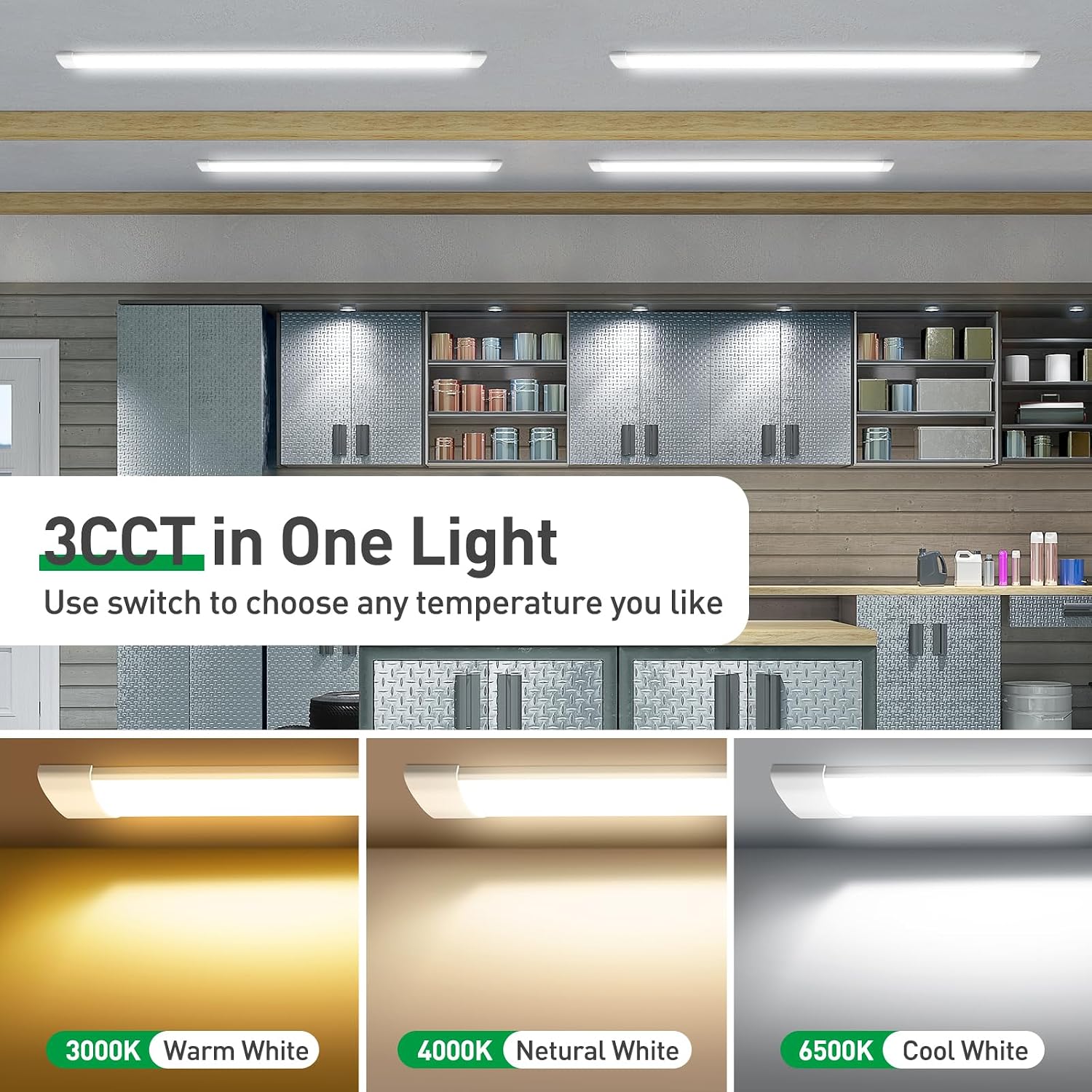 Detalle de ALUSSO LED Batten Light 4FT – 40W, 4800 lm, 3000K/4500K/6500K Selectable, 2 Pack