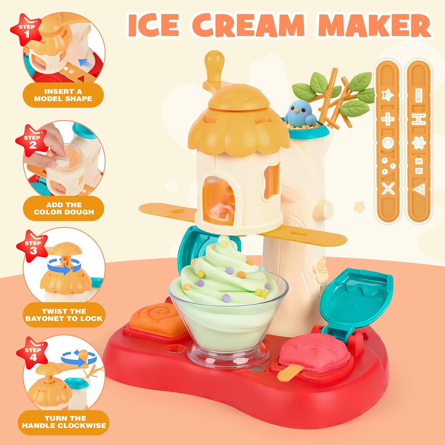 Detalle 2 de Dreamon 3 in 1 Knete Dough Set – Spielküche Zubehör für Kinder ab 3 Jahren (12 Farben, Eismaschine, Nudelmaschine, Kuchenform)