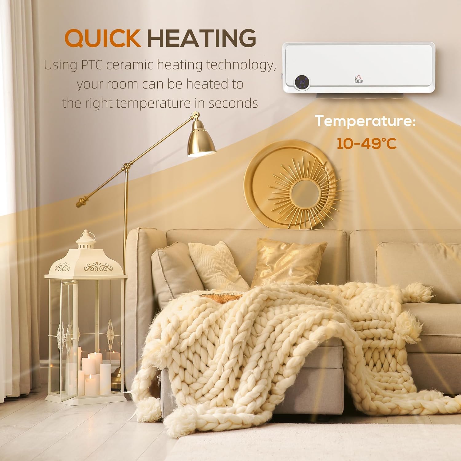 Detalle de HOMCOM 820-252V70WT Wall-Mounted Heater, 1000W/2000W, Fan and Timer