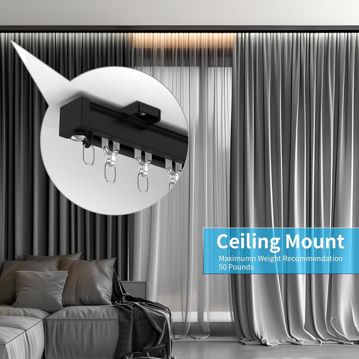 Thumbnail 1 de Rail de rideau plafond et mural en aluminium YLNANMI noir (1,6 m) – à couper et facile à installer