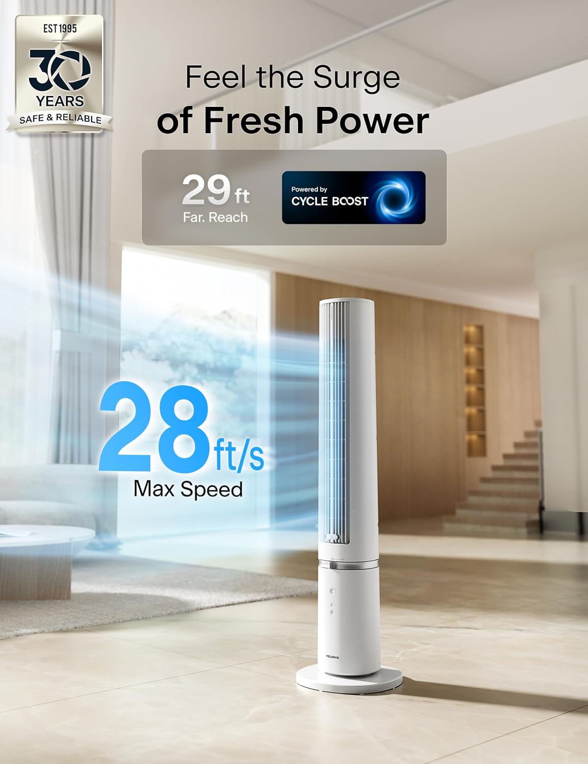 Detalle 2 de Pelonis 40-Inch Tower Fan for Bedroom with Washable Design, 2000 CFM, 4 Speeds + 2 Modes, 90° Oscillation
