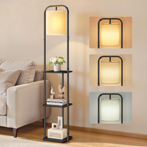 Detalle de VASAGLE Lámpara de Pie con 3 Estantes LFL001BD02 – Luz LED integrada, 3 temperaturas, pantalla de tela, negro
