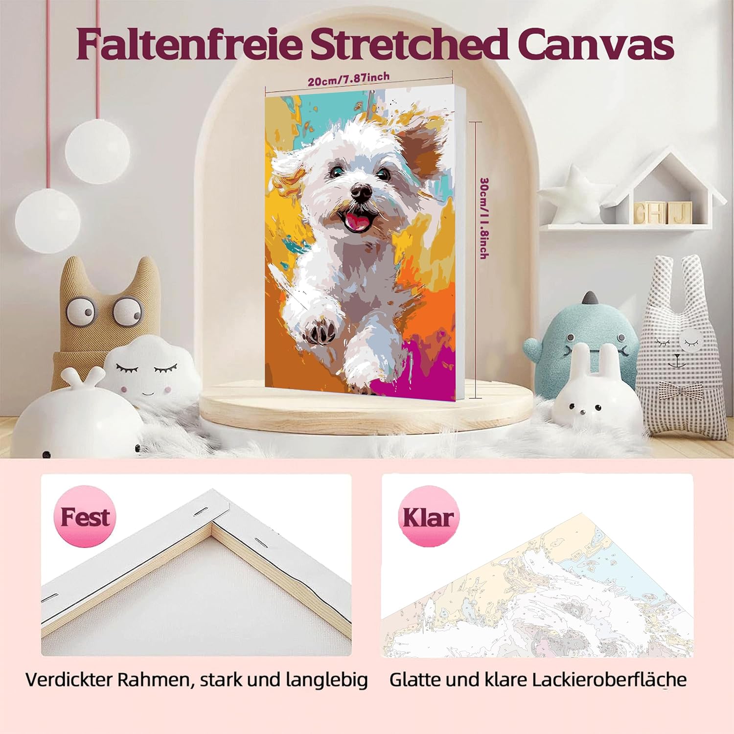 Detalle 2 de Pujeknm Hund Malen nach Zahlen für Mädchen ab 5–7 Jahre mit Rahmen – Holzstaffelei, Acrylfarben & Set (30x20 cm, Süßes Hund)