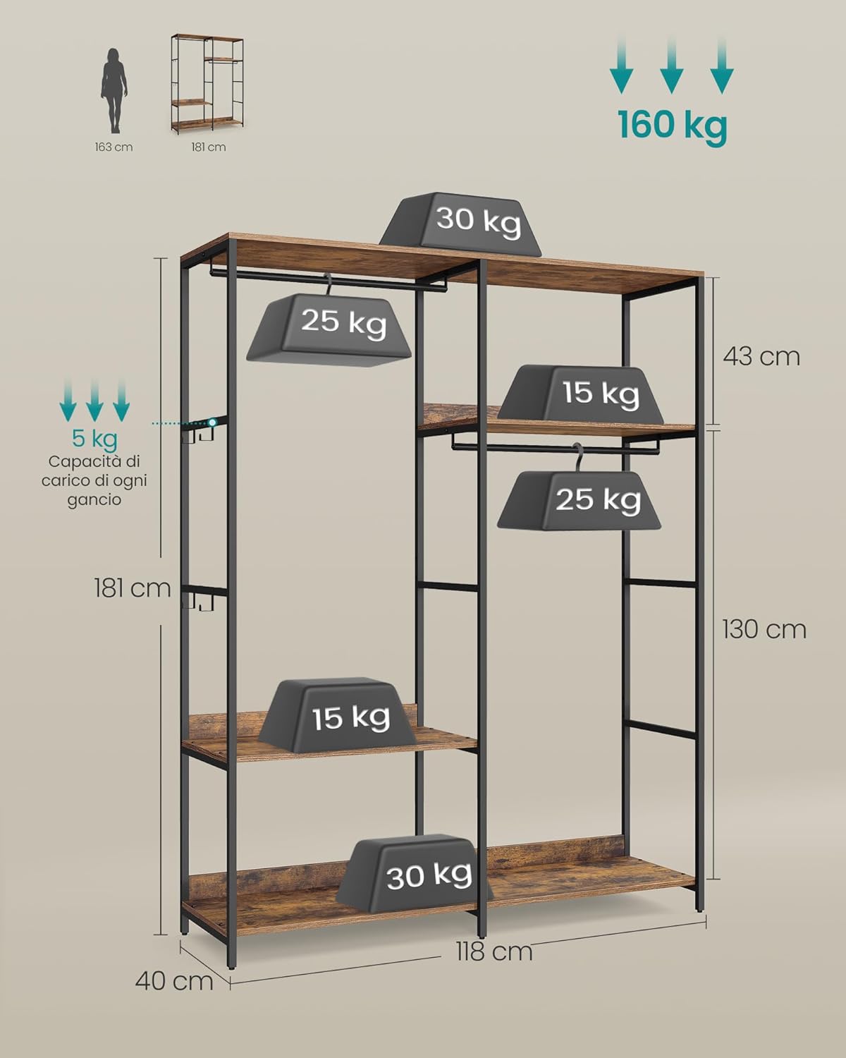 Thumbnail 4 de SONGMICS Guardaroba Stand Appendiabiti RGR025B01 – 118 x 40 x 181 cm, Marrone Vintage