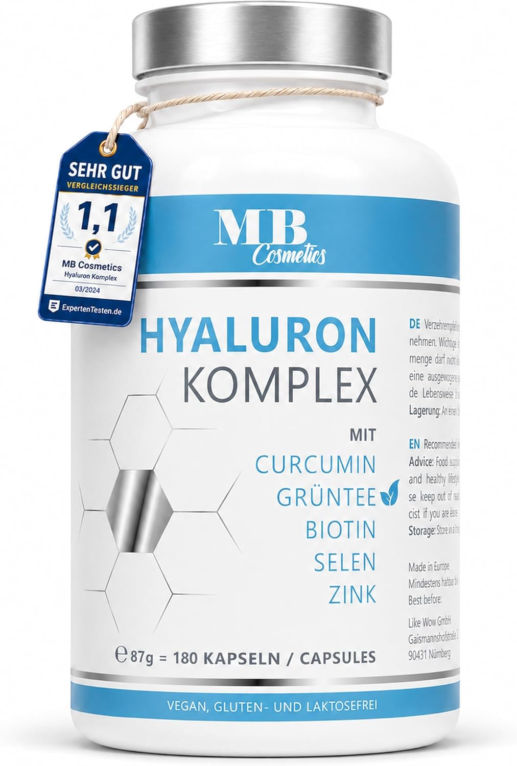 Detalle de 180 Hyaluronsäure Kapseln hochdosiert mit Zink, Curcumin & Grüntee-Extrakt – vegan, ohne Zusätze, Made in Germany