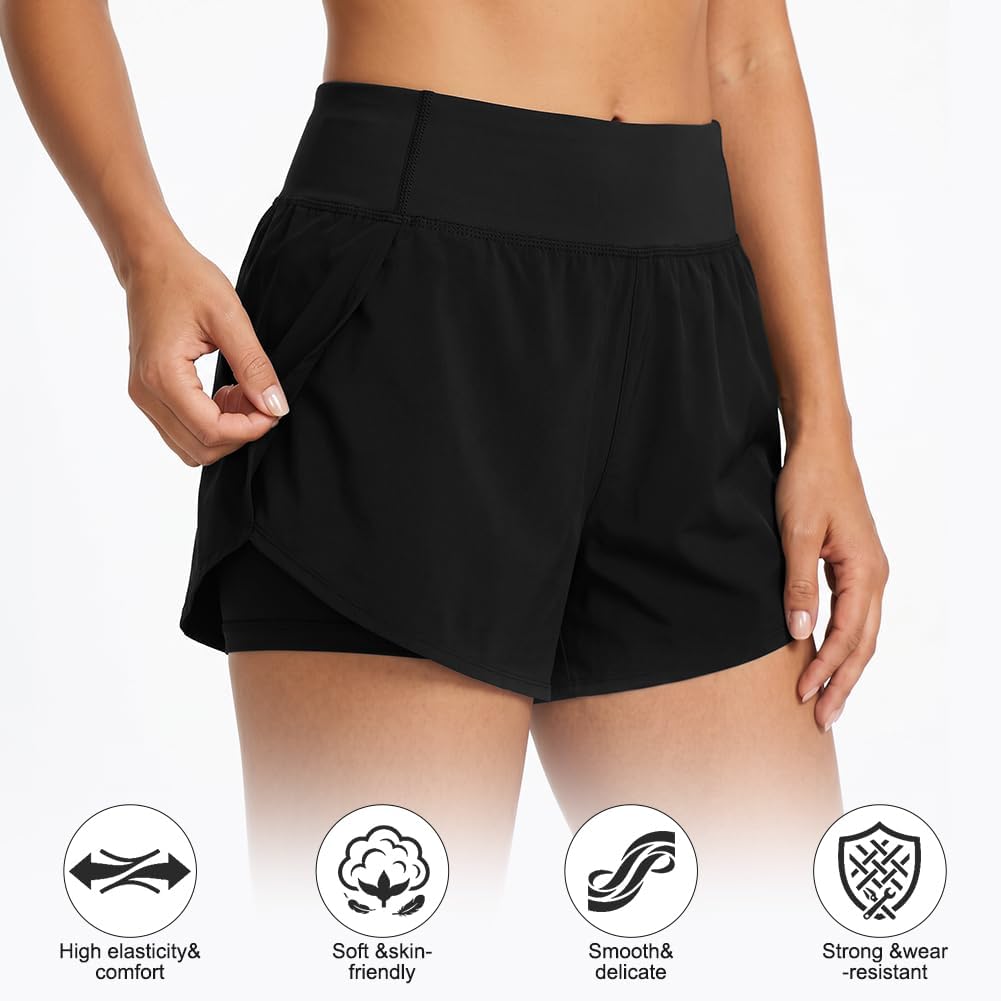 Thumbnail 2 de Aolso Short de Bain Femme - Boardshort Taille Haute à Séchage Rapide, Noir